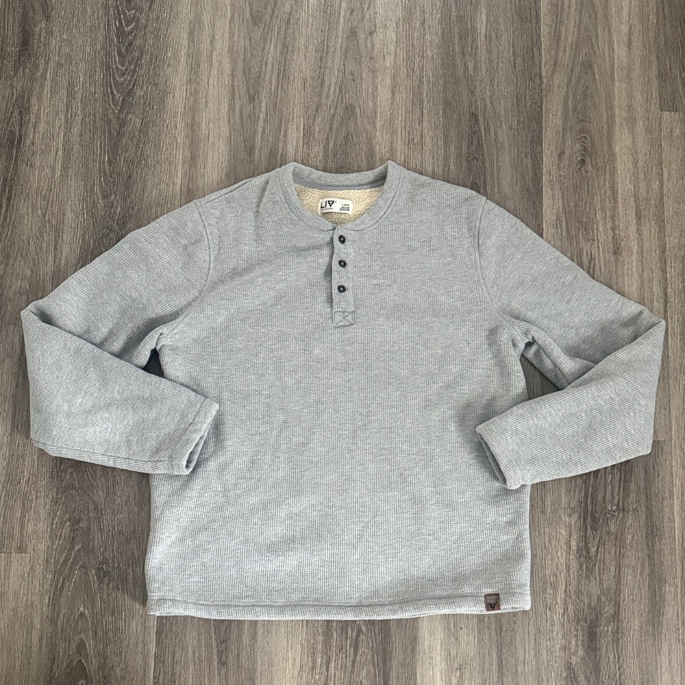 Men's Light Gray Henley Sweatshirt Size Large Fleece Lined Long Sleeve Sweater